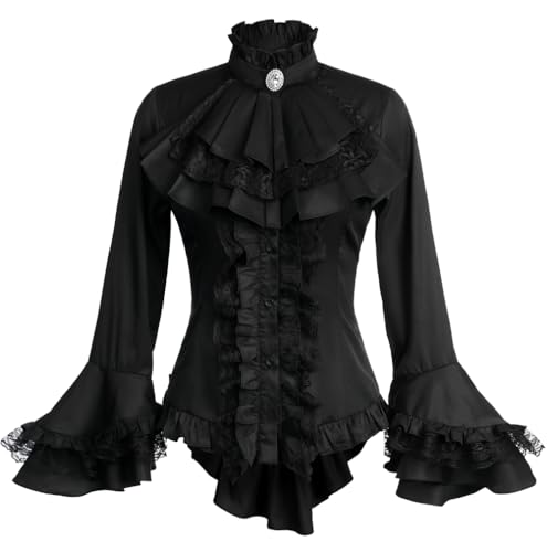 Gothic Victorian Blouse for Women Sweet Lolita Shirt High Low Irregular Ruffles Lotus Hem Medieval Tops (US, Alpha, Large, Regular, Regular, Black)