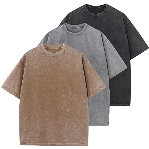 3 Pcs Oversized Heavy Cotton Summer T-Shirts Vintage Unisex Short Sleeves Casual Loose Basic Tops(A-Coffee+Grey+Black S)