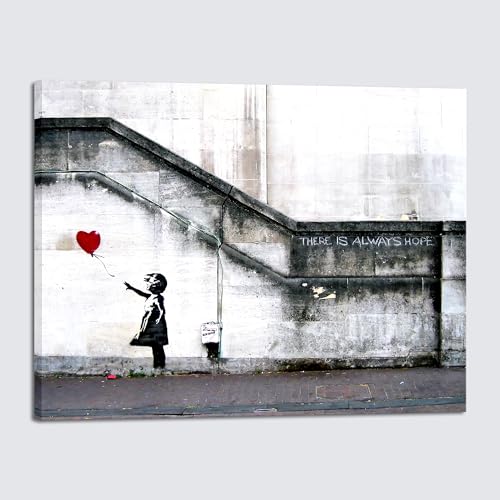 Wieco Art Canvas Paintings Wall Art Banksy Grafitti Girl with Red Balloon Grey Large Love Canvas Prints Pictures Modern Gallery Wrapped Inspirational Artwork Ready to Hang for Home Office Decor