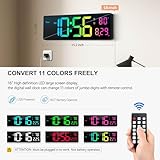 Digital Wall Clock 16", Wall Clocks with 11 RGB Colors, Alarm Clock with Night Lights, Large Digital Clock for Living Room Bedroom Office Classroom Decor, Auto DST, Temperature, Remote Control