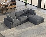 PaPaJet Modular Sectional Sofa, 114 Inches Oversized Down Filled Sectional Sofa, 4 Seats L Shaped Cloud Couch with Chaise, Ottoman, Comfy Sofa for Living Room, Grey Linen Couch Set