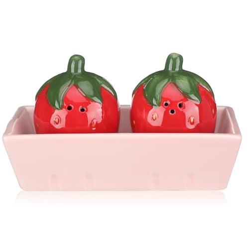 3 Pcs Strawberry Salt and Pepper Shakers Set, Cute Salt and Pepper Shakers with Pink Tray Funny Ceramic Spice Dispenser Storage Canisters for Housewarming Kitchen Table Supplies