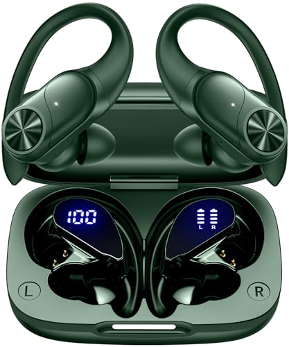 PocBuds Bluetooth Headphones Wireless Earbuds 80hrs Playtime Wireless Charging Case Digital Display Sports Ear Buds with Earhook Deep Bass IPX7 Waterproof Over-Ear Earphones for TV Phone Laptop Olive