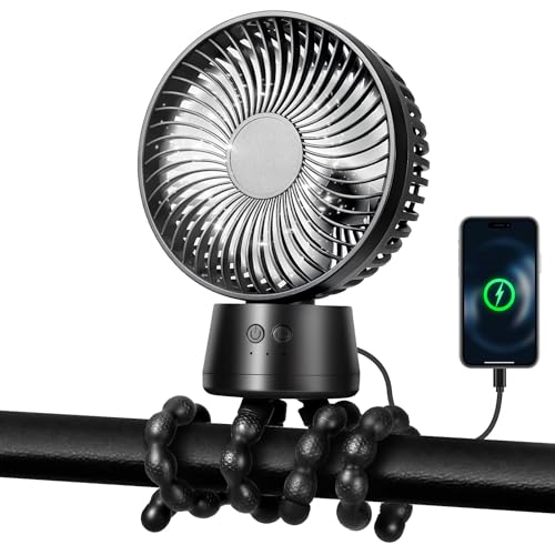 POPERFUN 50H Portable Stroller Fan, 15000mAh Ultra-Long Battery Powered Rechargeable Personal Fans, Tripod Clip Fan with Auto Rotation，3 Speed Desk Handheld Cooling for Travel Car Seat Bedroom