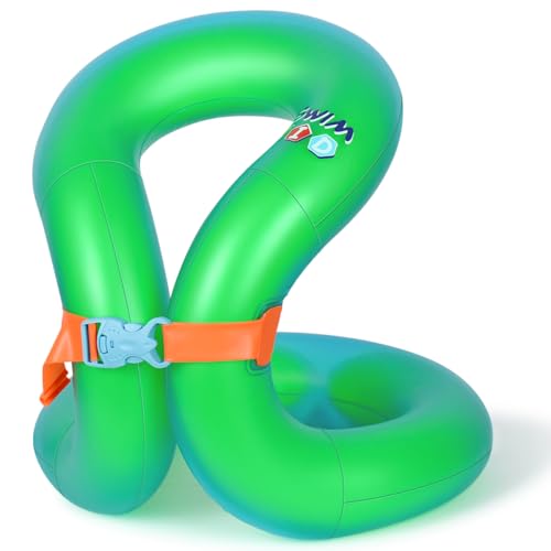 Hyfoo Swim Vest Floaties for Kids,Inflatable Pool Floats Swimming Ring for Children 33-50Lbs with Adjustable Safety Buckle,Double Air Bag,Learn to Swim Trainer,Green Upgraded