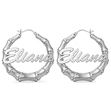 LeCalla Personalized Sterling Silver Bamboo Hoop Earrings Gift for Women Custom Name Bamboo Hoop Earrings 40mm