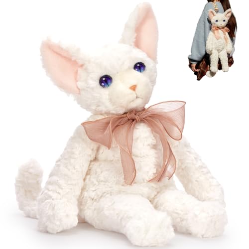 MorisMos White Cat Stuffed Animal Plush, 20" Realistic Devon Cat Toy Convertible to Sling Shoulder Crossbody Backpack, Soft Huggable Plush Kitty Toy, Kawaii Kitty Bag Gift for Kids Girls Women
