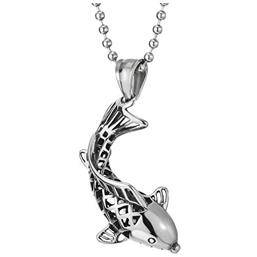 COOLSTEELANDBEYOND Mens Women Lucky Koi Fish Goldfish Pendant Necklace Stainless Steel, 23.6 in Ball Chain Unique