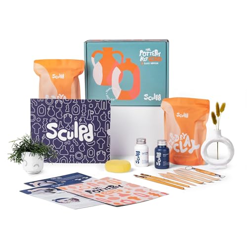 Sculpd Pottery Starter Kit - Complete Air Dry Clay Beginner Set for 2 Adults: Includes Sculpting Tools, Gloss Varnish, Paint Brushes, Guide, Video Tutorials & More - Date Night Gift, Arts Crafts Hobby