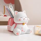 Cute Cat Pen Pencil Holder Resin Animal Pen Holder Kawaii Makeup Brush Holder Succulent Planter Pot for Home Desk Office Organizer Accessory