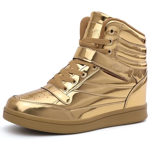 UBFEN High Top Sneakers for Womens Golden Color Hidden Wedge Ankle Boots 80s Retro Tennis Shoes Removable Insole Backpacking Boots Size 6.5