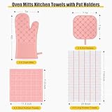 Oven Mitts Kitchen Towels Dishcloths with Pot Holders Sets 12PCS, Dish Towels Sets, Oven Gloves Pot Pads Heat Resistant 500 Degrees with Non-Slip Silicone Surface for Cooking Baking Grilling-Pink