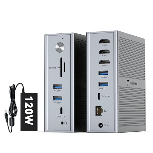 TobenONE DisplayLink Docking Station 3 Monitors, 14-in-1 USB C Triple Monitor Docking Station for M1 M2 M3 M4 MacBook/Mac mini, Windows, Chrome (3HDMI, 120W Power Supply, 5 USB, Ethernet, SD/Micro SD