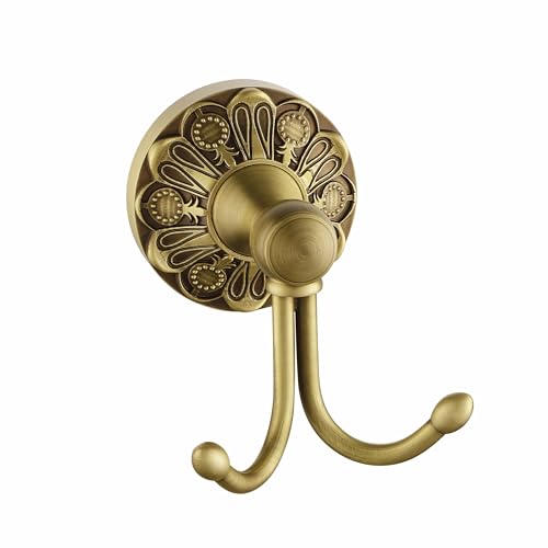 Lucyound Antique Brass Towel Hook, Wall Mounted Bathroom Copper Double Hook for Clothing & Robe Hanger, Screws Install Shower Wall Hook, Vintage Petal-Relief Series