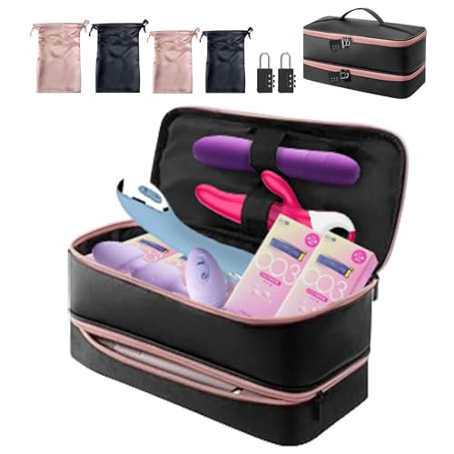 Turesmith Sex Toy Storage Locking Bag 14" 2 Tier Portable Ditty Travel Box Discreet Lockable Adult Toy Organizer Case with 2 Password Locks, 4 Drawstring Bags (Black)