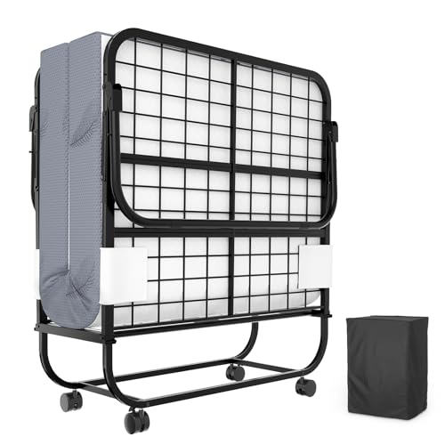 Karcog Folding Bed with Mattress, Storage Cover Included, Cot Size Extra Rollaway Guest Bed for Adults, with Memory Foam Mattress and Sturdy Metal Frame on Wheels, 75” x 31"