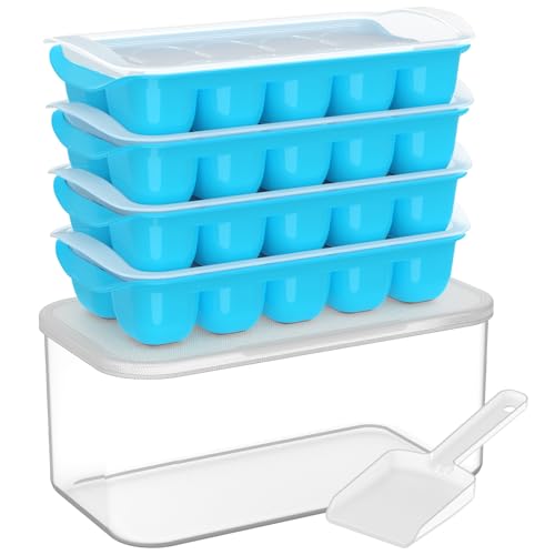DOQAUS Ice Cube Tray with Lid and Bin, 4 Pack Easy Pop Out Silicone Ices Cubes Trays for Freezer with Cover, Stackable Compact Ice Bucket Kits, for Soup, Food, Cocktail, Coffee