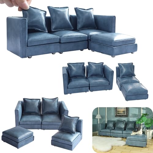 iLAND Dollhouse Furniture Miniature Sectional Couch Set for Doll House Décor Fit 1/12 Scale Accessories, Modern Blue Faux Leather Sofa Timeless & Classic