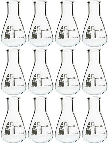 Eisco - 12 Pack Erlenmeyer 25mL Borosilicate Glass Narrow Neck Conical Flasks with Graduations for Laboratory and Classroom Use