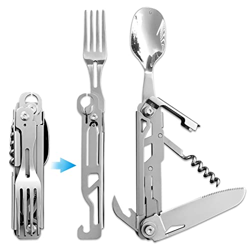 Joycube 6 in 1 Detachable Camping Utensils Flatware Set, Multifunction Travel Pocket Cutlery Folding Spoon, Fork, Knife, Wine Bottle Can Opener Portable Combo Set Stainless Steel