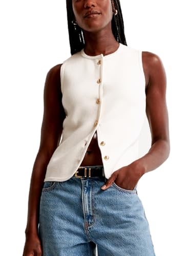 Knit Vest Top for Women Vintage Button Down Crew Neck Sleeveless Knit Vest Tank Top Casual Summer Vest Top(White,S)