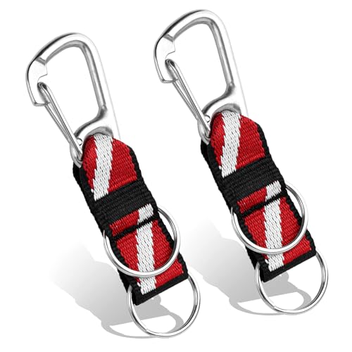 2Pack Scuba Split Ring Connector with Clips, 316 Stainless Steel Carabineer Keeper and Dual Split-Rings with Dive Flag Webbing Strap for Diving Flashlight, Whistle, Gauge, Camera to BCD Attachment