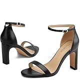 TEAIEUI Black Heels for Women Round Toe Heeled Sandals Chunky High Heels with Ankle Strap Heels for Women Dressy Block Heels 8