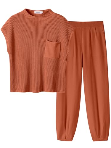 ANRABESS Women's Two Piece Outfits Knit Sweater Pullover Crop Top & Pants Lounge Matching Tracksuit Sweatsuit Sets 2024 Trendy Loungewear Clothes Rust X-Large