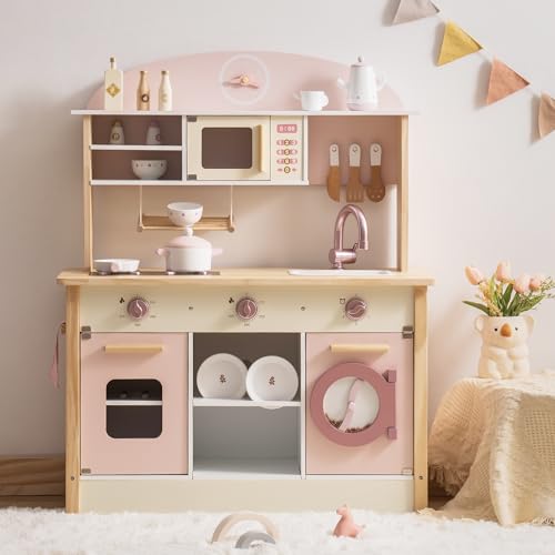 ROBOTIME Wooden Play Kitchen Set, Pretend Play Kitchen Set for Kids with Realistic Design, Kids & Toddlers Kitchen Playset with Dishwasher, Toy Kitchen Set for Boys and Girls Ages 3+ (Pink)