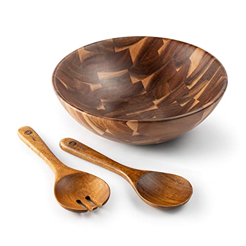 BF BILL.F SINCE 1983 Wooden Salad Bowl 12'' Acacia Wood Salad Bowls Set Large Salad Serving Bowl for Fruits Mixing Bowl with Servers-3-Piece Big Salad Bowl Set