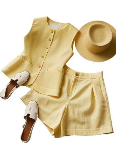 Women's Casual Solid Color 2piece Set Sleeveless Single Breasted Button O Neck Vest and High Waist Shorts Loose Outfits (set,m)