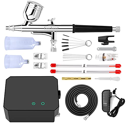 Gocheer Airbrush Kit with Air Compressor, 40 48 PSI High Pressure Air Brush Non-Clogging with 0.2/0.3/0.5mm Nozzle/Cleaning Sets, Ideal for Painting, Modeling, Cake Decor, Makeup (Black, 40 PSI)