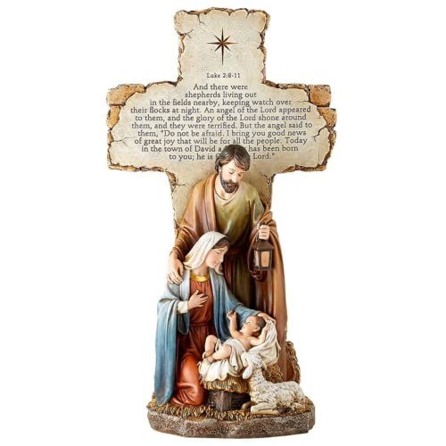 Needzo Holy Family Standing Cross Christmas Statue with Luke 2:8-11 Bible Verse, Nativity Scene Decor for Indoor, Christmas Decorations for Home, 14 Inch