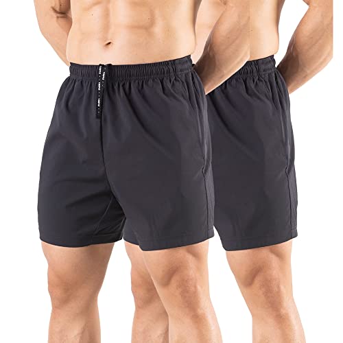 Gaglg Men's 5" Running Shorts 2 Pack Quick Dry Athletic Workout Gym Shorts with Zipper Pockets Black/Black,Medium