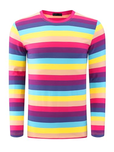 Lars Amadeus Rainbow Striped T-Shirt for Men's Crew Neck Long Sleeves Casual Pullover Tee Shirts Medium Pink Purple