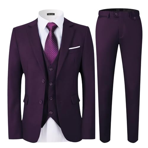WEEN CHARM Men's 3-Piece Slim Fit Suit Set-2-Button Blazer,Vest & Pants-Formal Wedding,Prom,Party & Business Tuxedo Purple