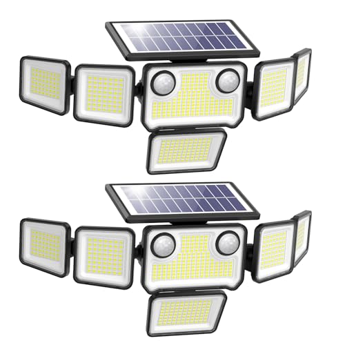 omibee 3000LM Solar Lights Outdoor, 310 LEDs Dual Motion Sensor Solar Flood Lights 6 Heads Security Wall Lights, IP65 Waterproof & Remote Control for Graden, Outside, Backyard, 2 Pack