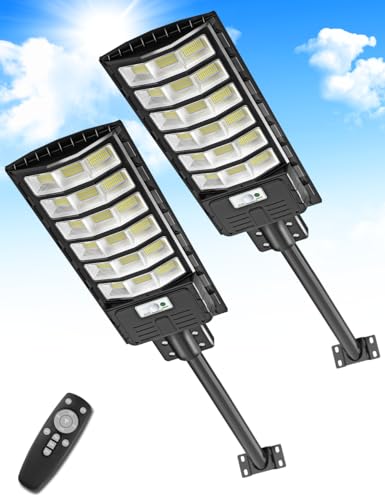 2Pack Solar Street Light 800W - 6500K LED Solar Power Street Lights with Panel 80000LM Dusk to Dawn Outdoor Flood Lighting Waterproof IP65 Exterior Motion Sensor Security Pole Lamp for Garden Yard