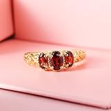 SHOP LC DELIVERING JOY 3 Stone Garnet Ring for Women in 14K Gold Plated 925 Sterling Silver - January Birthstone Promise Engagement Vintage Red Garnet Jewelry Gifts