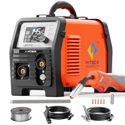 HITBOX Mig Welder 110V/220V, Upgraded145A Flux Core Welder Machine [4 IN 1] Gasless MIG/Lift TIG/MMA/Support Spool Gun, Large LED Digital Display Welding Machine (HBM145)