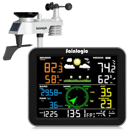 Sainlogic Weather Station Wireless Indoor Outdoor, Weather Station with Rain Gauge and Wind Speed/Direction, Temperature, Humidity, Air Pressure, Weather Forecast, Moon Phase, and Alarm, Black