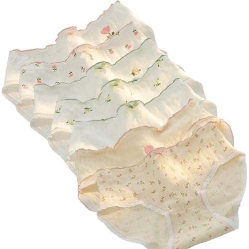 Women’s Underwear Cotton Panties Lace Ruffled Tulip Print Floral Flower Bow Knot Cute Kawaii Japanese Underwear 7 Pack (Medium,White Pink Green)