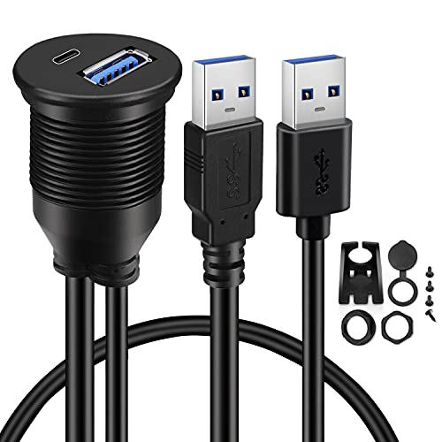 BATIGE USB 3.0 to Type C 3.0 Car Mount Flush Cable Dual Port Male to Female Extension Waterproof Cable for Car Truck Boat Motorcycle Dashboard Panel - 3ft