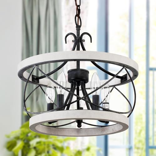 Bella Depot 5-Light Rustic Cage Wood Chandelier Dimmable Lighting, Adjustable Farmhouse Pendant Light for Kitchen Island 15.7"x15.7" - Weathered