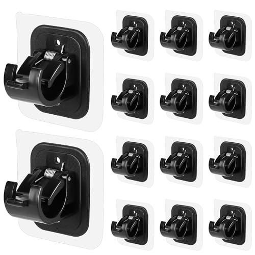 14PCS No Drill Curtain Rod Brackets No Drilling Self Adhesive Curtain Rod Holder Hooks Nail Free Adjustable Curtain Rod Hooks Curtain Hangers for Bathroom Kitchen Home Bathroom and Hotel (14PCS Black)