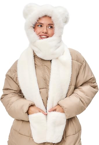 LATTEMARMALATTE Cute Bear Ears Winter Hat, 3 in 1 Plush Animal Hat with Mittens & Scarf, Faux Fur Hood for Kids Adults