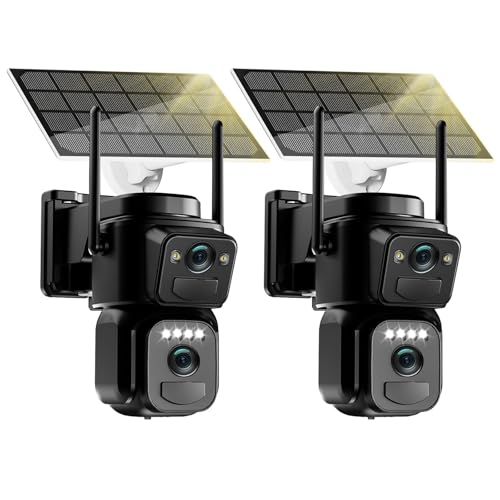 4K 8MP Solar Security Cameras Wireless Outdoor Battery Powered, 5GHz & 2.4GHz Dual Lens Bullet & 360° PTZ Outdoor Security Camera with Solar Panel, Digital Zoom, Night Vision,PIR Sensor(2Pack)