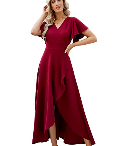ZZV Formal Dresses for Women Gowns Evening Party Cocktail Dress,Long Split Elegant V Neck Wrap Ruffle Wedding Guest Dresses Burgundy-L