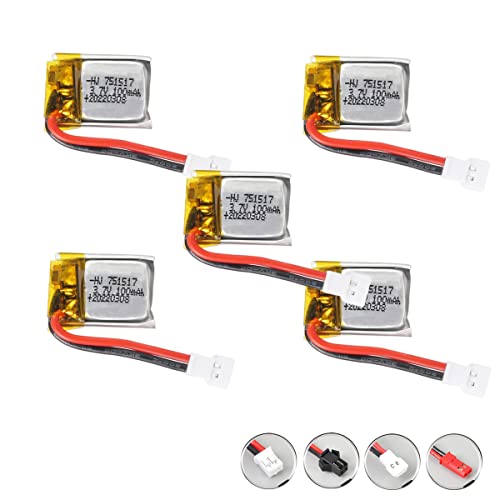 OooSure 5 pcs 3.7V 100mAh 20C 751517 Rechargeable Lithium Batteries for RC Drone SM2P/JST/XH2.54/PH2.0 Connector (PH2.0)