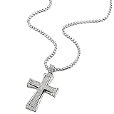 COOLSTEELANDBEYOND Men Women LARGE Steel Cross Pendant Necklace with Cubic Zirconia, 30 inches Wheat Chain